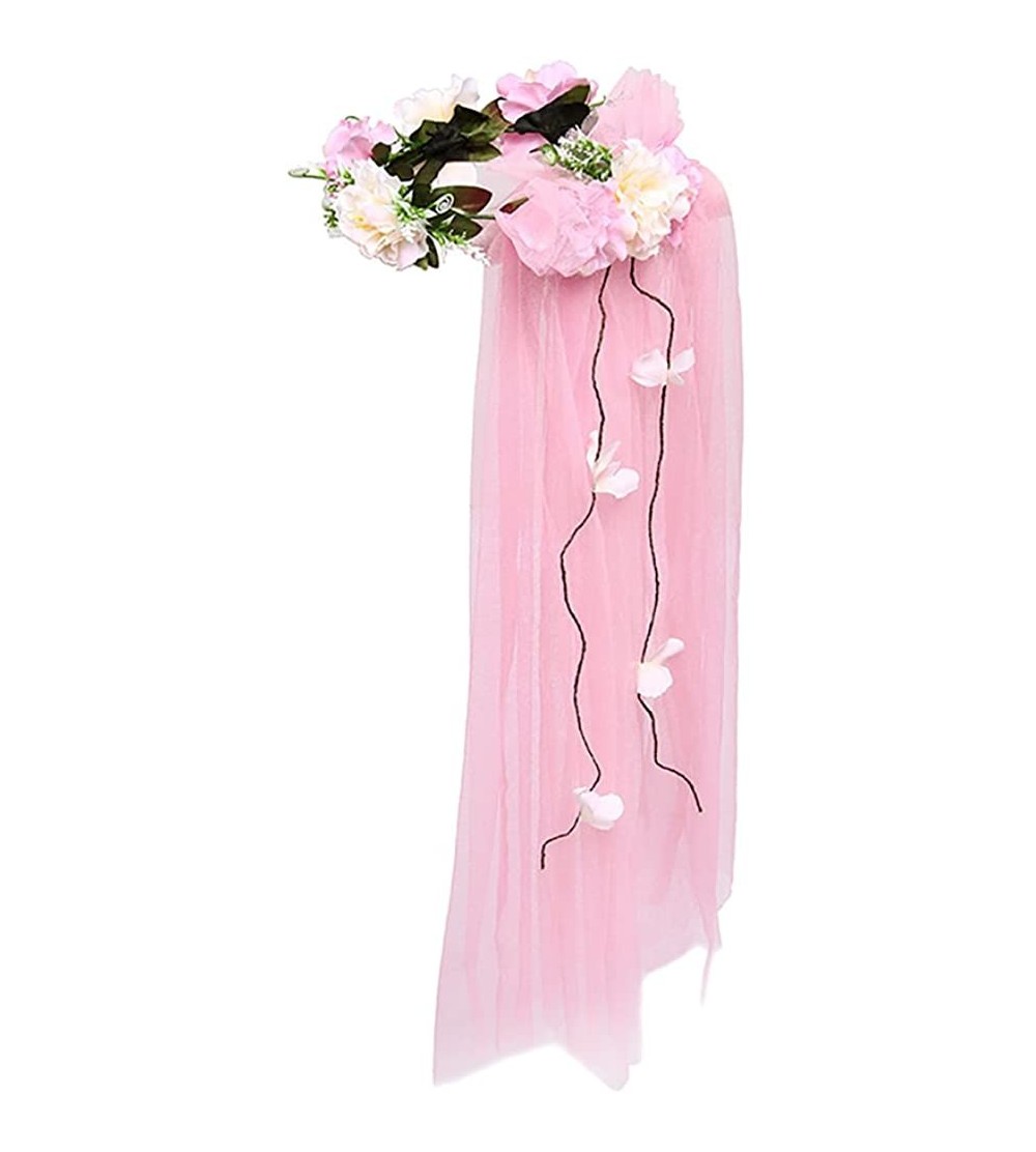 Headbands Bridal Veils Wedding Party Flower Headband Crown Floral Hairband Hair Wreath - Pink - CW188KMTAY7 $9.59