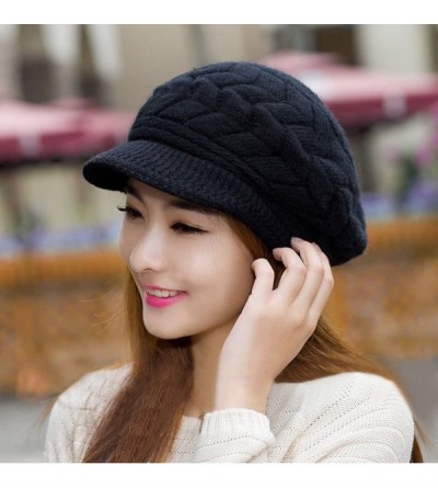 Newsboy Caps Women Winter Warm Knit Hat Wool Snow Ski Caps with Visor - Black - CZ11OUQ1PG5 $9.74