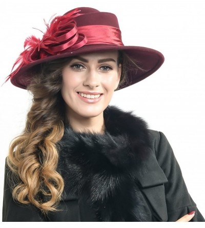 Fedoras Women Wool Felt Plume Church Dress Winter Hat - Feather Style-burgundy - CS11MJML7ZL $27.06