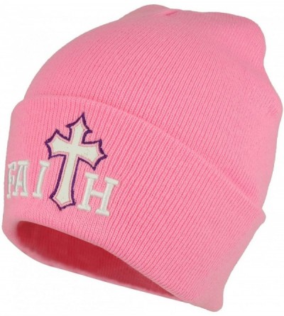 Skullies & Beanies Faith Cross Embroidered Winter Long Cuff Beanie - Pink - CO189KYMOSW $11.65