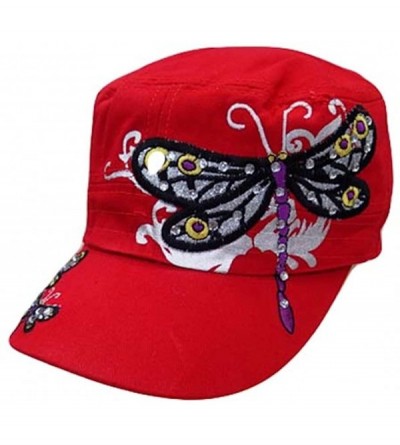 Baseball Caps Silver Dragonfly Distressed Fashion Cadet Cap - Butterfly Hat (Red) - CX11N3EN9TL $14.39