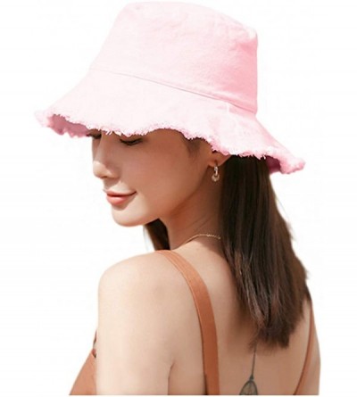 Bucket Hats Unisex Frayed Washed Bucket Hat Foldable Cotton Fisherman Cap Brim Visors Sun Hat - Pink - CN18CHTWUQD $13.04