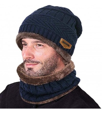 Skullies & Beanies 2-Pieces Winter Beanie Hat Scarf Set Warm Knit Hat Thick Fleece Lined Skull Cap for Men Women - Blue - CP1...