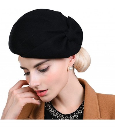 Berets Women's Autumn and Winter Bow Wool Beret Coffe - Black - CT12MCI9Y1F $29.94