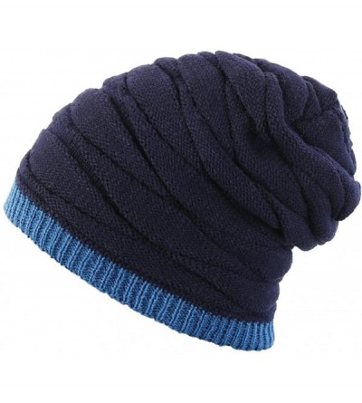 Skullies & Beanies Men's Knit Thicken and Fleece Lining Beanie Hat Winter Slouchy Warm Cap - Navy - CY12NRRR8HM $9.03