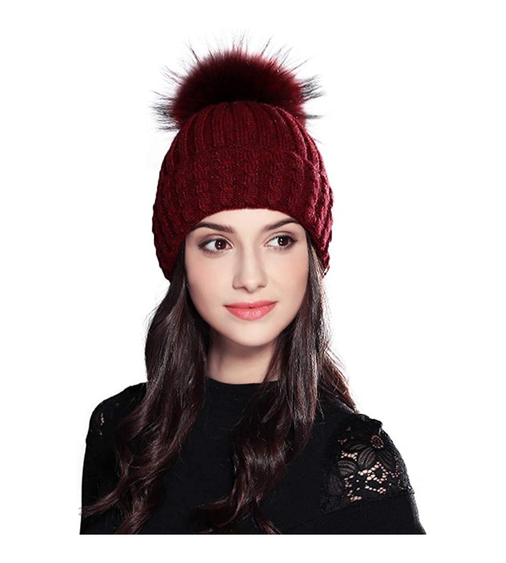 Skullies & Beanies Women Fashion Warm Winter Knitted Beanie Fur Ball Pom Hat Crochet Ski Cap - Red - C718KWU5MRC $14.08
