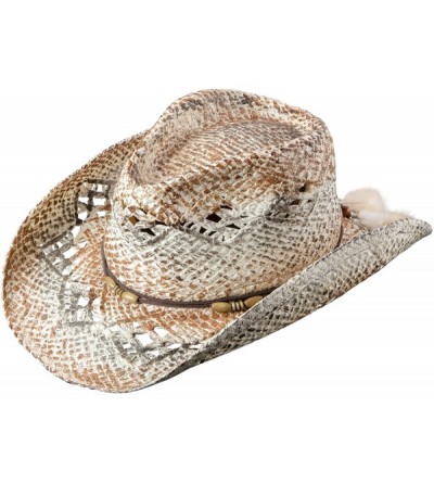 Cowboy Hats Ladies Vented Western Hat. Leather-Like Beaded Band with Feather Trim - CJ186MOICRY $16.42