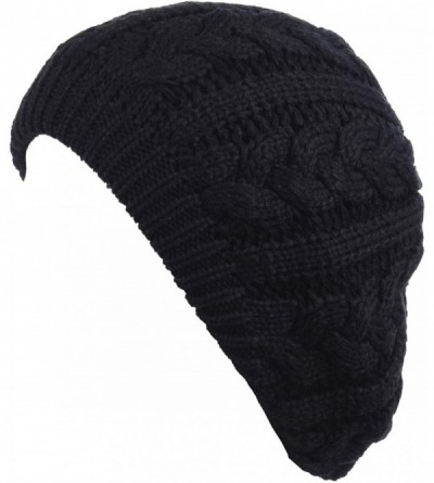 Berets Womens Winter Cozy Cable Fleece Lined Knit Beret Beanie Hat (Set Available) - Black Cable - C818KC49URE $17.18