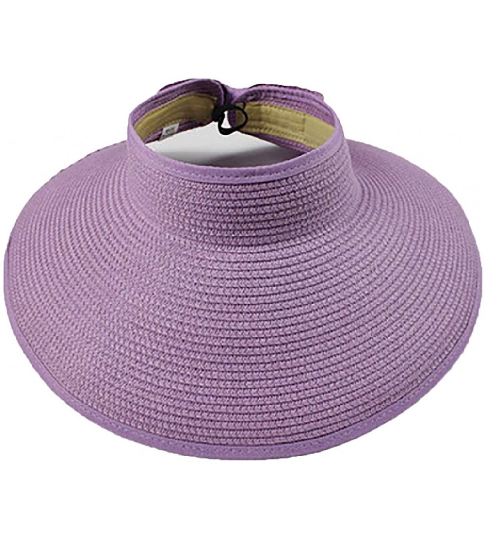 Visors Women's Summer Foldable Straw Sun Visor w/Cute Bowtie UPF 50+ Packable Wide Brim Roll-Up Visor Beach Hat - Purple - CM...