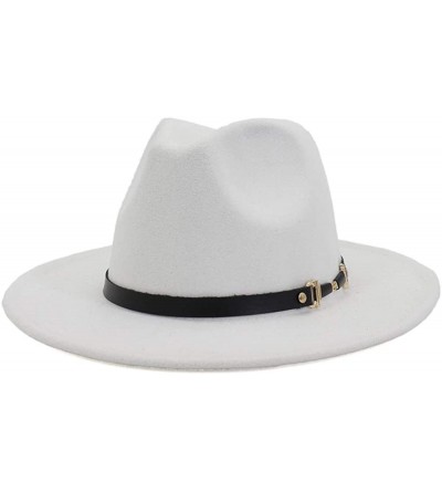 Fedoras Womens Wide Brim Felt Fedora Hat Ladies Panama Hat with Belt Buckle - White - C5199DZ2W7I $12.26