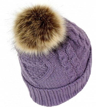 Skullies & Beanies Cable Knit Ski Cuff Beanie Hat w/Fur Pom Pom and Snow Tag- Soft Stretch Winter Cap - Lavender - CK1868CHCI...