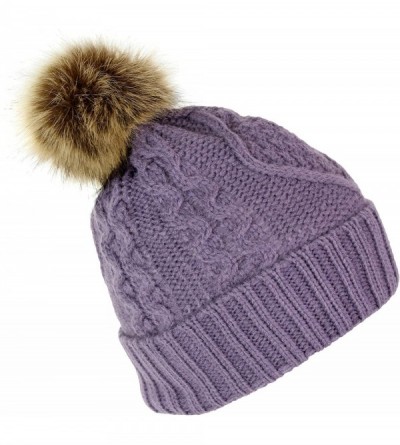 Skullies & Beanies Cable Knit Ski Cuff Beanie Hat w/Fur Pom Pom and Snow Tag- Soft Stretch Winter Cap - Lavender - CK1868CHCI...