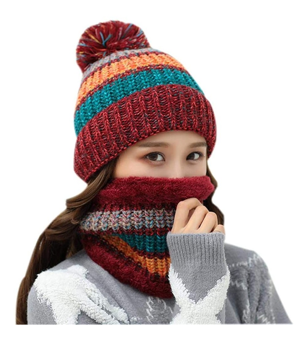 Skullies & Beanies Winter Fleece Lined Knit Hats Hood Scarf for Women Warm Beanie with Pom Pom - Wine Red - CQ18LXQ57R0 $11.44