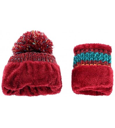 Skullies & Beanies Winter Fleece Lined Knit Hats Hood Scarf for Women Warm Beanie with Pom Pom - Wine Red - CQ18LXQ57R0 $11.44