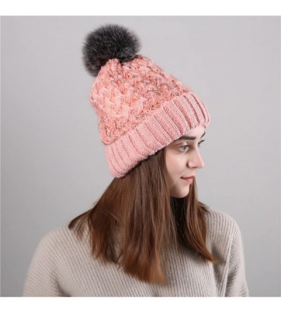 Baseball Caps Knit Caps For Women Wool Cosy Warm Beanie Winter Hat Ski Crochet Cap Pom Pom - Pink - CZ18IQ7CXK7 $10.17