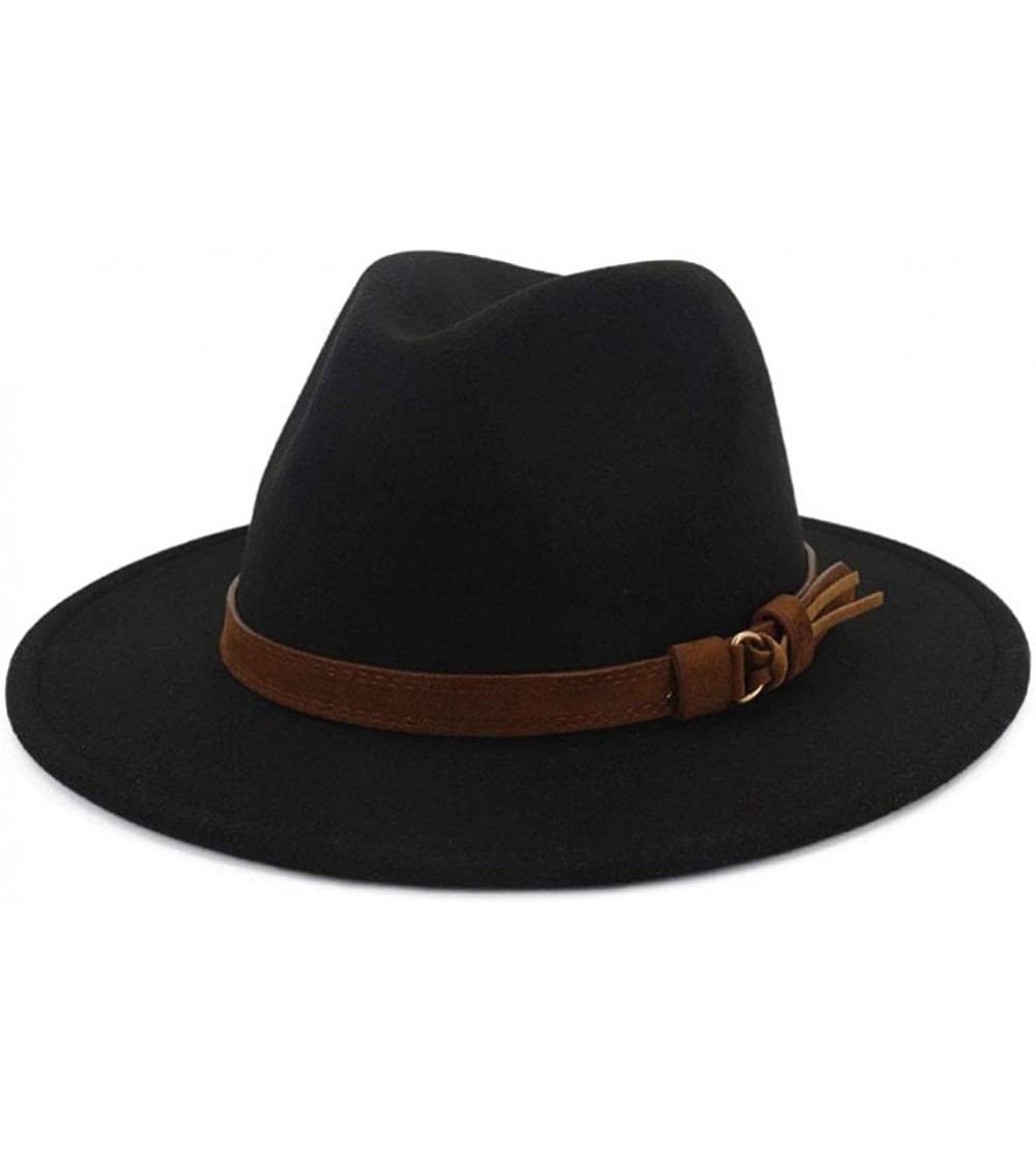 Fedoras Men & Women Vintage Wide Brim Fedora Hat with Belt Buckle - A Buckle-black - C618L57NLDT $21.28