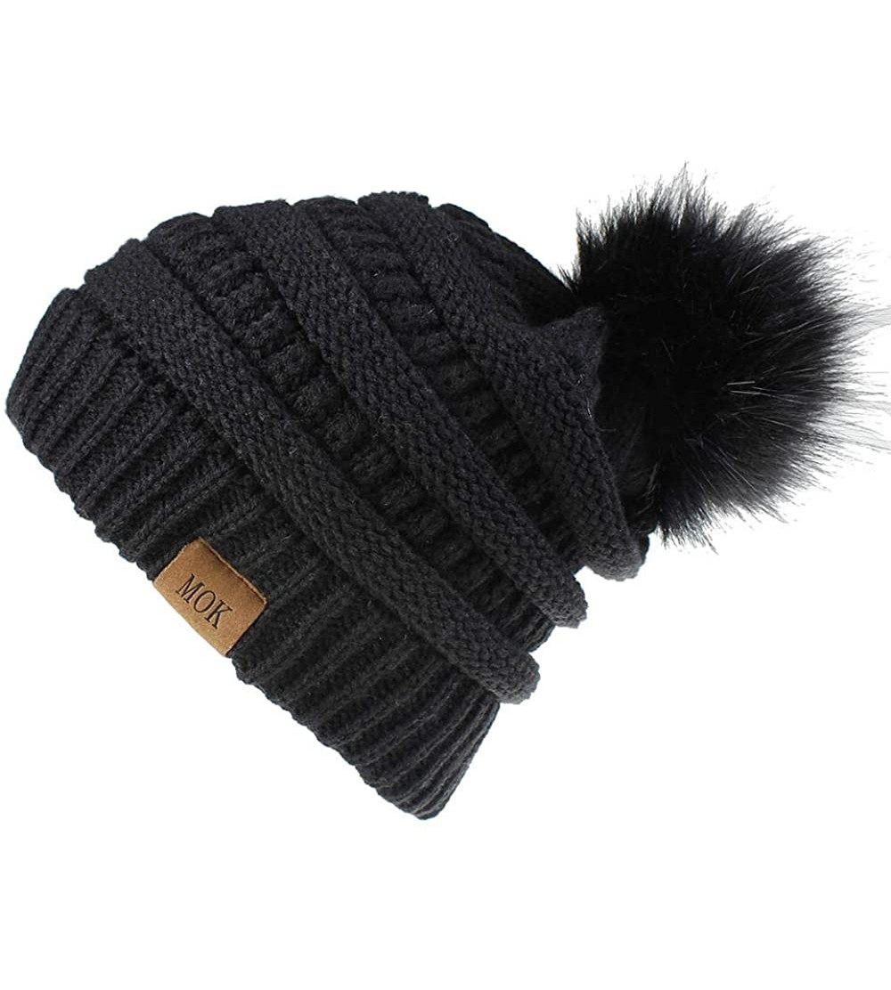 Skullies & Beanies Soft Winter Slouchy Beanie Cap for Women Chunky&Warm Cable Knit Ski Cap with Pom Pom.- Black - CV18Z72968Q...