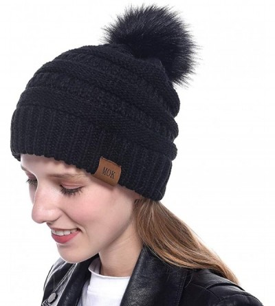 Skullies & Beanies Soft Winter Slouchy Beanie Cap for Women Chunky&Warm Cable Knit Ski Cap with Pom Pom.- Black - CV18Z72968Q...