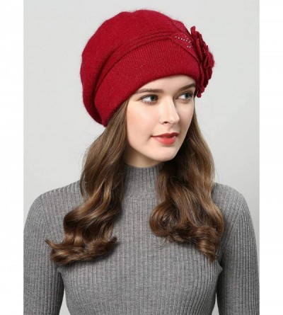 Berets French Style Beret Hat for Womens Rabbit Hair Knit Artist Hat Thick Lined Classic Warm Casual Hat - Wine Red - C8197AN...