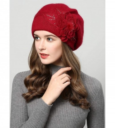 Berets French Style Beret Hat for Womens Rabbit Hair Knit Artist Hat Thick Lined Classic Warm Casual Hat - Wine Red - C8197AN...