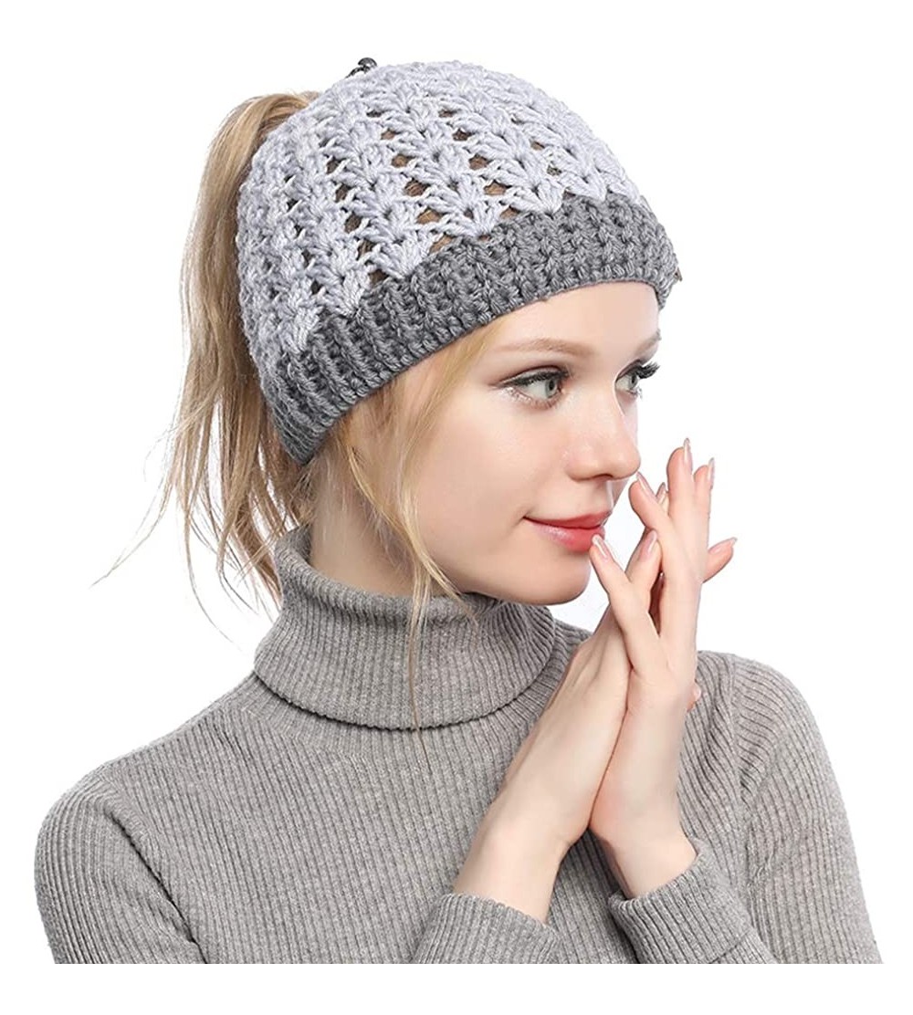 Skullies & Beanies Ponytail Beanie Hat for Women- Girls BeanieTail Soft Stretch Cable Knit Messy High Bun Winter Cap - Light ...