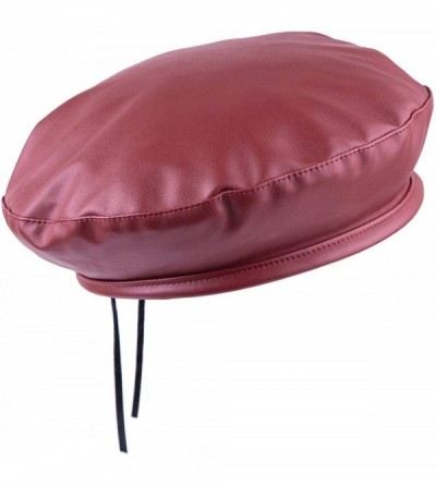 Berets Classic PU Leather French Beret Hat for Women- Adjustable Solid Color Artist Painter Cap - Red - CS18YSS2I6N $14.04