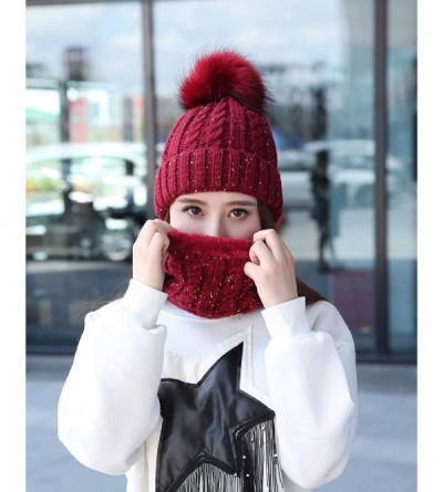Skullies & Beanies Womens Winter Beanie Hat Scarf Set Warm Fuzzy Knit Hat Neck Scarves - B-wine Red - CL18M8U55QD $17.45