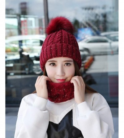 Skullies & Beanies Womens Winter Beanie Hat Scarf Set Warm Fuzzy Knit Hat Neck Scarves - B-wine Red - CL18M8U55QD $17.45