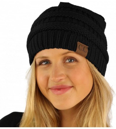 Skullies & Beanies Unisex Winter Chunky Soft Stretch Cable Knit Slouch Beanie Skully Hat Black - C111FWURWOR $12.89