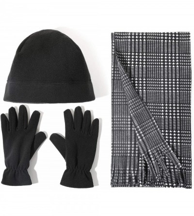 Skullies & Beanies Women Winter Fleece Beanie Gloves Scarf Set - Black Herringbone - CX18A2Y7M9M $14.34