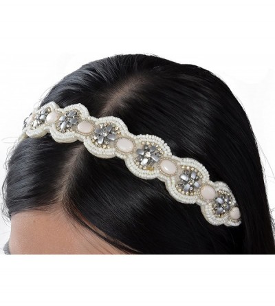 Headbands Womens Elastic Vintage Metallic Beaded Rhinestone Hair Piece Headband - Beige - CM12MYKAXWX $17.19