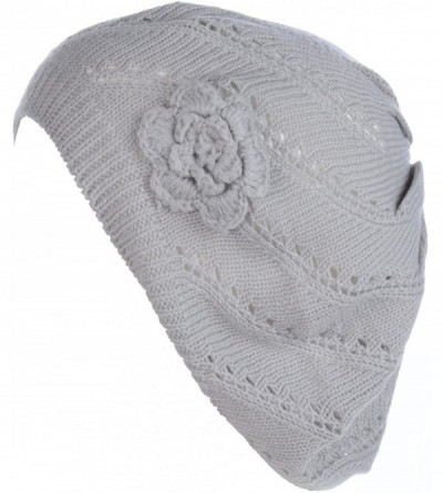 Berets Chic Parisian Style Soft Lightweight Crochet Cutout Knit Beret Beanie Hat - Swirl Lt.gray - CB12MWV26XJ $9.93