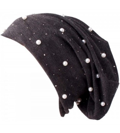 Skullies & Beanies Women Hat Beading Pearl Inlay Ruffle Cancer Chemo Beanie Scarf Turban Wrap Cap - Gray - CU18L9QSDSC $10.11