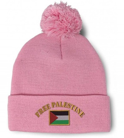 Skullies & Beanies Winter Pom Pom Beanie for Men & Women Free Palestine Flag Embroidery 1 Size - Soft Pink - C418ZH7XRUU $11.60