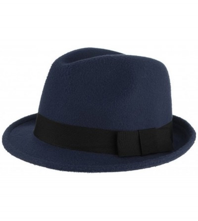 Fedoras Men's Warm Wool Blend Dent Trilby Panama Fedora Gangster Hat - Navy Blue - CY186RGMO2S $19.82