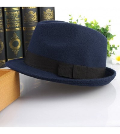Fedoras Men's Warm Wool Blend Dent Trilby Panama Fedora Gangster Hat - Navy Blue - CY186RGMO2S $10.42