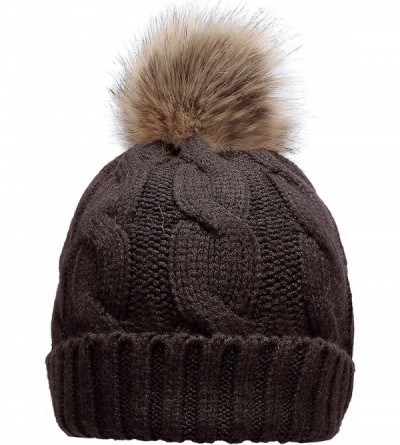 Skullies & Beanies Women's Winter Ribbed Knit Faux Fur Pompoms Chunky Lined Beanie Hats - A Twist Coffee Chocolate - CH184RQ3...