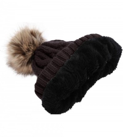 Skullies & Beanies Women's Winter Ribbed Knit Faux Fur Pompoms Chunky Lined Beanie Hats - A Twist Coffee Chocolate - CH184RQ3...