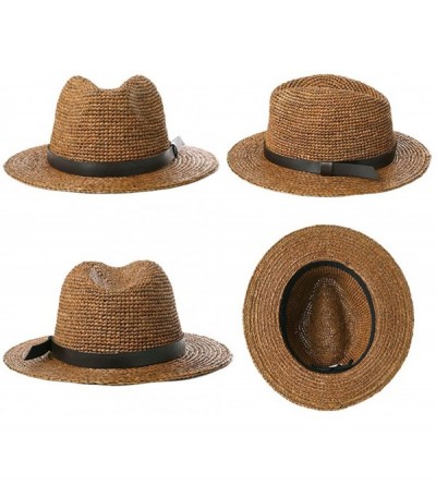 Fedoras Mens Womens Packable Straw Derby Panama Ribbon Band Sun Hat Fedora Summer - 99714tan - C018O6G75WY $16.12