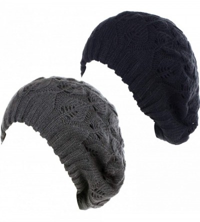 Berets Winter Chic Warm Double Layer Leafy Cutout Crochet Chunky Knit Slouchy Beret Beanie Hat Solid - CV18X637R20 $26.56