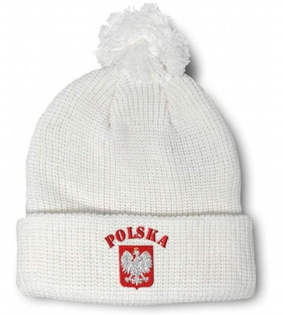 Skullies & Beanies Winter Pom Pom Beanie for Men & Women Poland Polska Seal Flag Embroidery 1 Size - White - CP12ESKTYQP $13.51