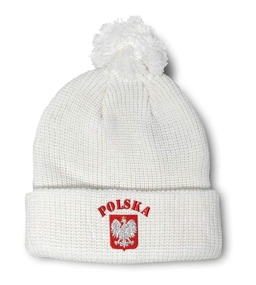 Skullies & Beanies Winter Pom Pom Beanie for Men & Women Poland Polska Seal Flag Embroidery 1 Size - White - CP12ESKTYQP $13.51