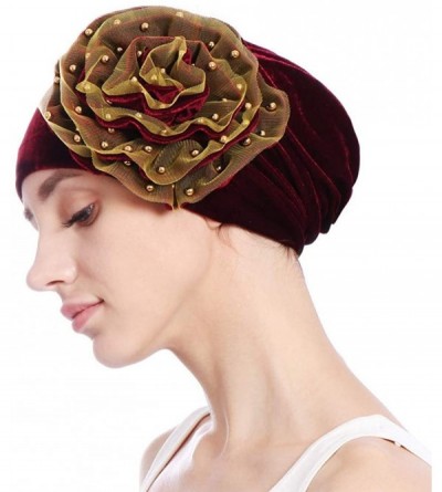 Skullies & Beanies Women Velvet Beading Flower Hat Cancer Chemo Beanie Cap - Wine - C218HWH8MNG $7.51