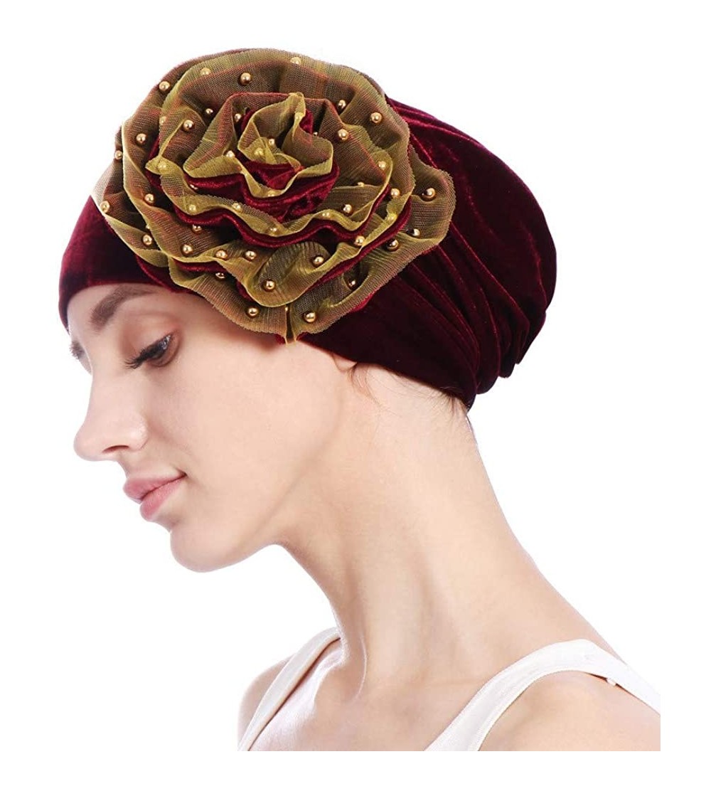 Skullies & Beanies Women Velvet Beading Flower Hat Cancer Chemo Beanie Cap - Wine - C218HWH8MNG $7.51