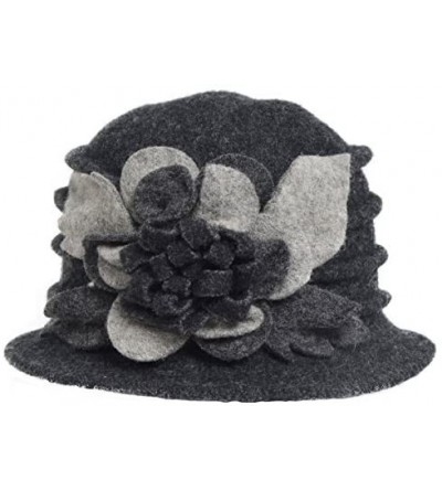 Bucket Hats Lady 100% Wool Floral Bucket Cloche Bowler Hat Felt Dress Hat XC020 - Dark Gray - CE12MAXW0DQ $17.97