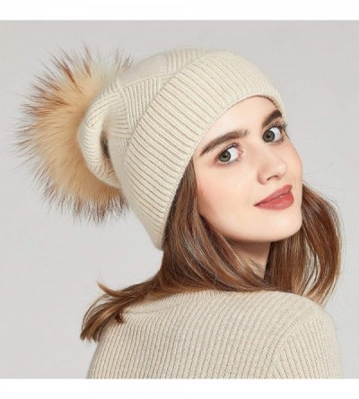 Skullies & Beanies Womens Knit Winter Beanie Hat Fur Pom Pom Cuff Warm Beanies Bobble Ski Cap - Beige+beige Raccoon Pompom - ...