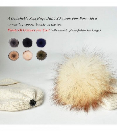 Skullies & Beanies Womens Knit Winter Beanie Hat Fur Pom Pom Cuff Warm Beanies Bobble Ski Cap - Beige+beige Raccoon Pompom - ...