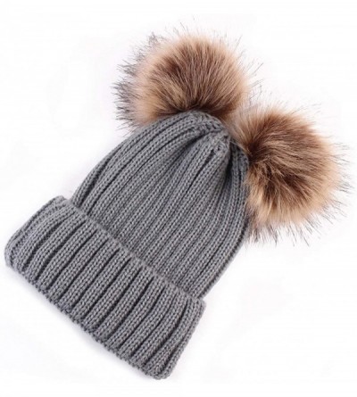 Berets Women Fashion Double Pom Pom Ball Knit Crochet Winter Warm Beanie Cap Ski Beret Hat - Grey - CZ18NA2WZ0Y $12.55