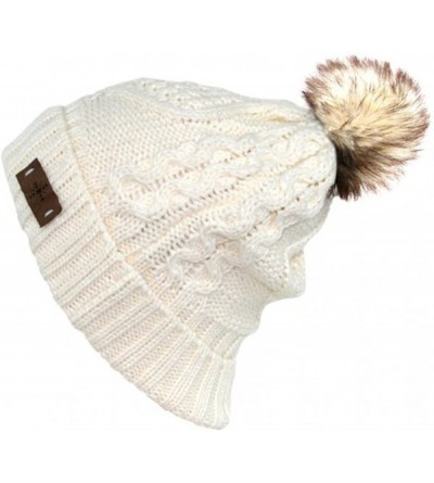 Skullies & Beanies Women's Fleece Lined Knitted Slouchy Faux Fur Pom Pom Cable Beanie Cap Hat - Ivory - CH128KIATRN $24.96