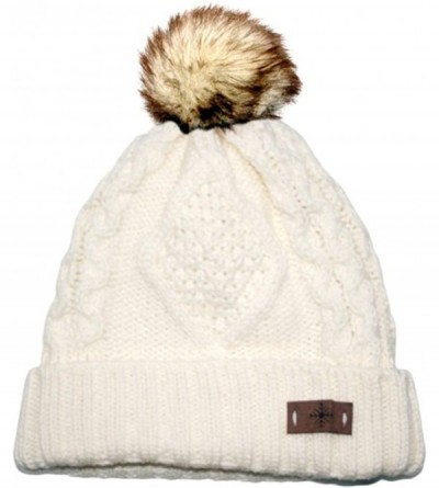 Skullies & Beanies Women's Fleece Lined Knitted Slouchy Faux Fur Pom Pom Cable Beanie Cap Hat - Ivory - CH128KIATRN $14.69